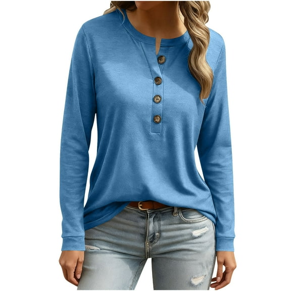 HAiming Women Shirt Long Sleeve Button Crew Neck Top Loose Casual Tunic Blouse Solid Color Basic Tee