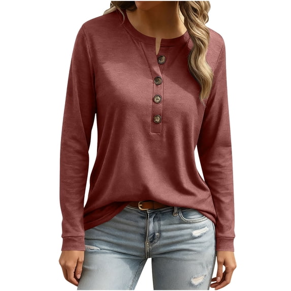 HAiming Women Shirt Long Sleeve Button Crew Neck Top Loose Casual Tunic Blouse Solid Color Basic Tee