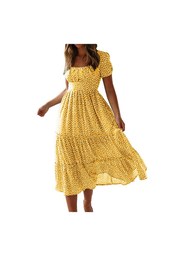 Women Summer Casual Short Sleeve Crewneck Long Maxi Dresses Bohemian Floral Printed Flowy Tiered A-Lined Dress