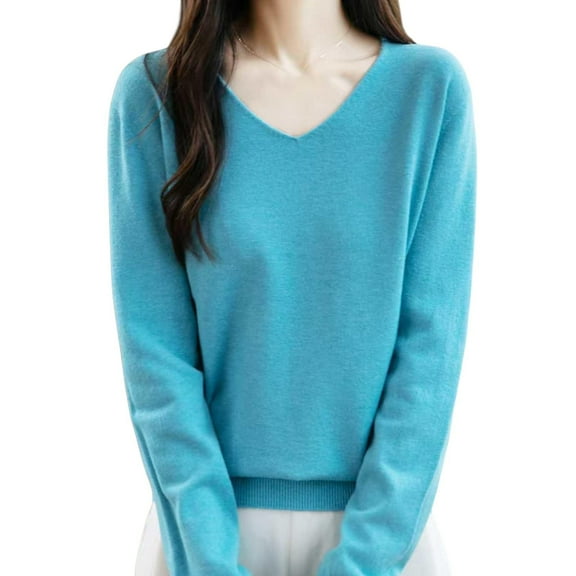 HAiming Women Sweater V Neck Long Sleeve Casual Solid Color Soft Pullover Blouse Loose Trendy Clothes