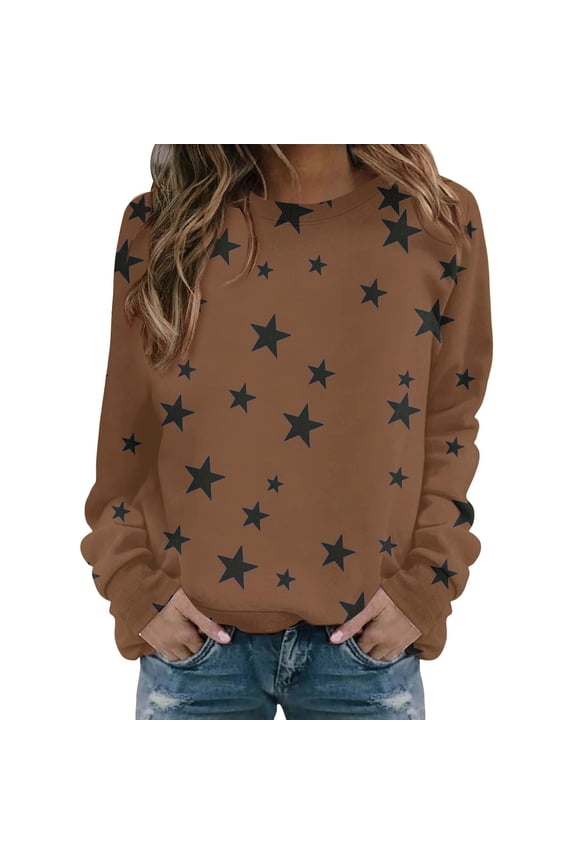 Women Tops Round Neck Star Printed Long Sleeved Casual Pullover Solid Color Sweatshirt Trendy Blouse