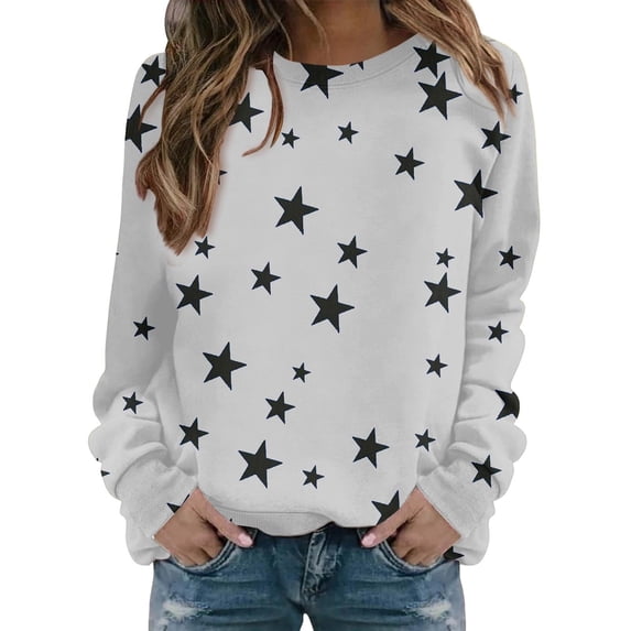 HAiming Women Tops Round Neck Star Printed Long Sleeved Casual Pullover Solid Color Sweatshirt Trendy Blouse