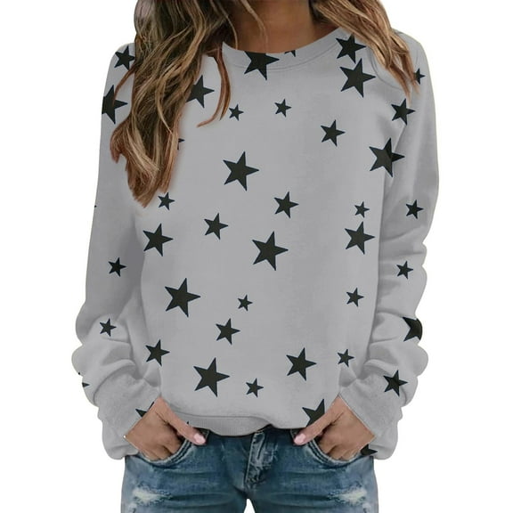 HAiming Women Tops Round Neck Star Printed Long Sleeved Casual Pullover Solid Color Sweatshirt Trendy Blouse