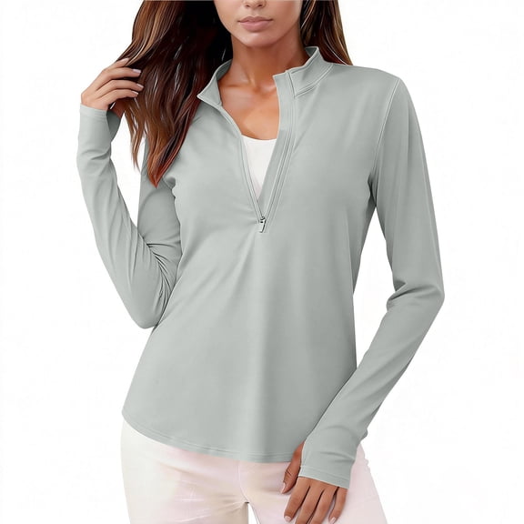 HAiming Women Tops Sun Protection Long Sleeve Zip Solid Color Fashion Classic Workout Blouses Summer Vacation Everyday Going out Tops