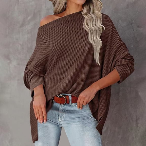 HAiming Women Trendy Knitted Sweaters Fall Oversized Cold Shoulder Tops Casual Solid Color Long Sleeve Blouse