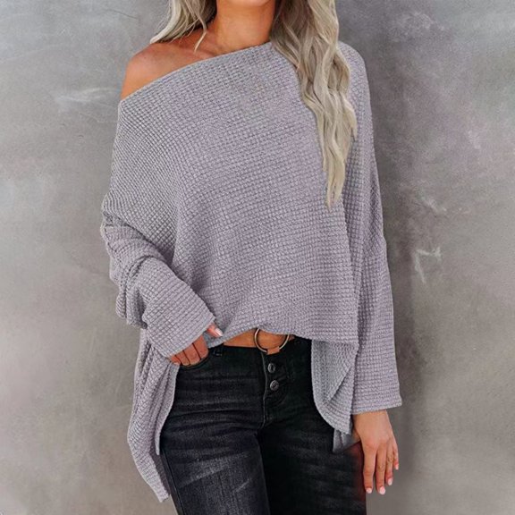 HAiming Women Trendy Knitted Sweaters Fall Oversized Cold Shoulder Tops Casual Solid Color Long Sleeve Blouse