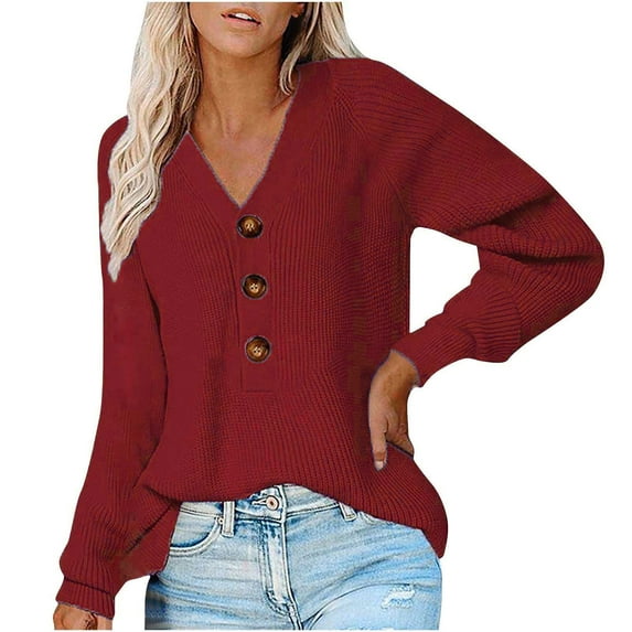 HAiming Women V-Neck Sweater Soild Long Sleeve Button Knit Shirts Fall Winter Plus Size Casual Loose Pullover Tops