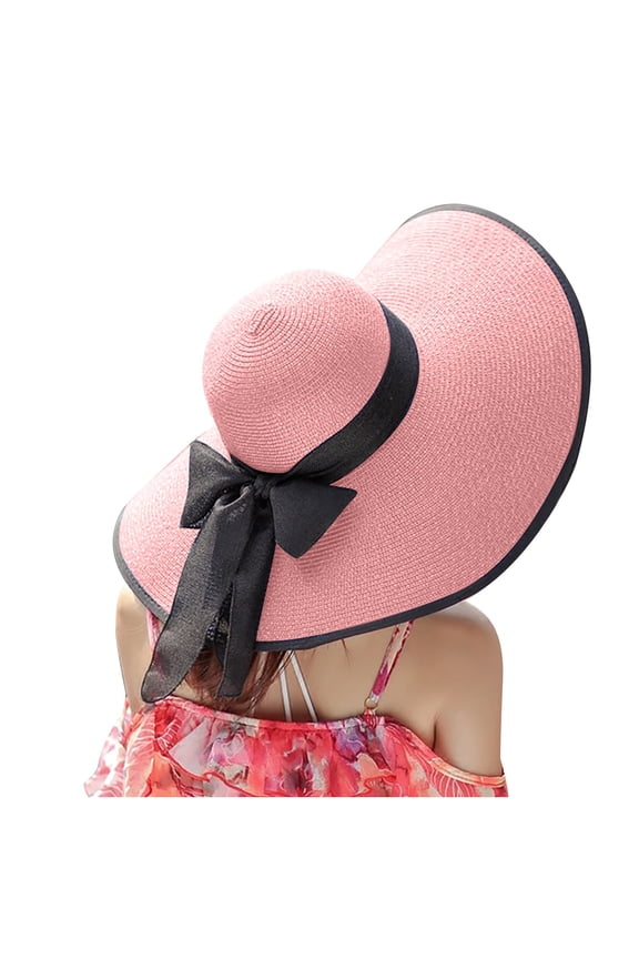 Women Wide Brim Straw Beach Hats Summer Bowknot Sun Protection Floppy Foldable Roll up Travel Caps UPF 50+