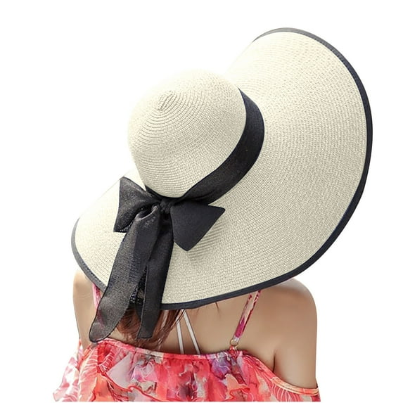 HAiming Women Wide Brim Straw Beach Hats Summer Bowknot Sun Protection Floppy Foldable Roll up Travel Caps UPF 50+