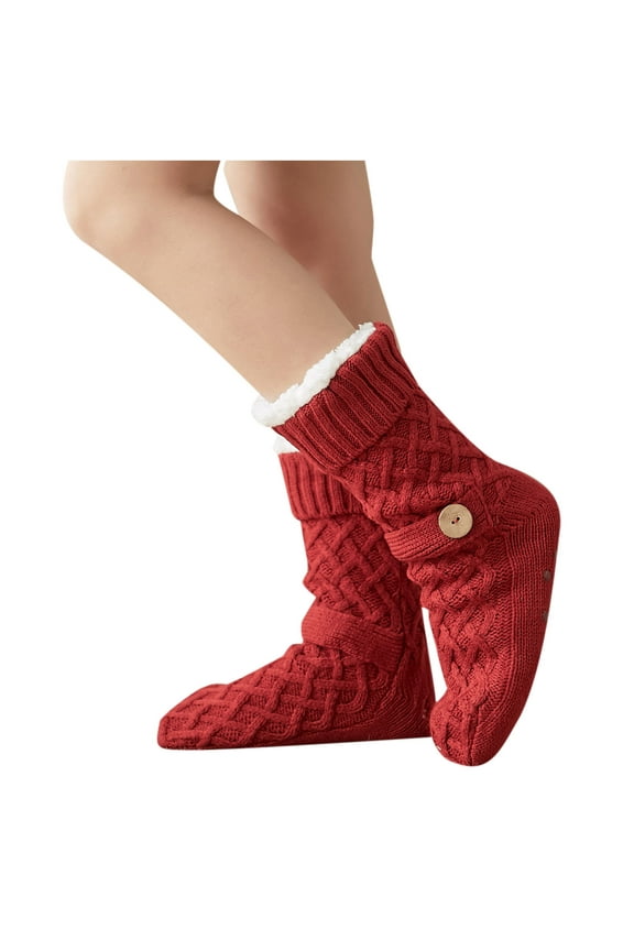 Women Winter Thick Slipper with Grippers Non Slip Warm Fuzzy Cozy Calf Sleep Socks Fleece-Lined Home Socks