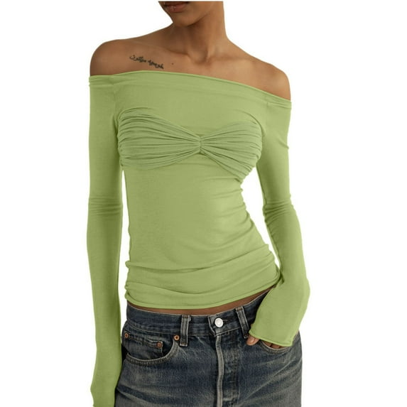 HAiming Women off Shoulder Tops Long Sleeve Casual Solid Color Dressy Blouses Summer Trendy Slim Pleated Shirts