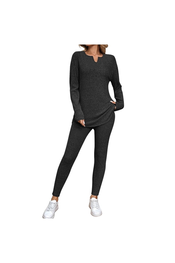 Women's 2 Piece Lounge Set Ribbed Knit Long Sleeve V Neck Pullover Tee Top and Leggings Sweater Outfit