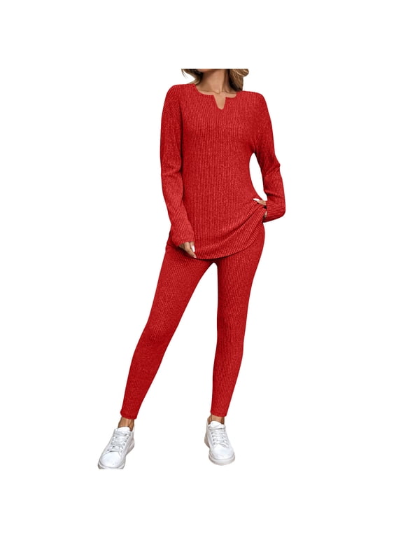 Women's 2 Piece Lounge Set Ribbed Knit Long Sleeve V Neck Pullover Tee Top and Leggings Sweater Outfit
