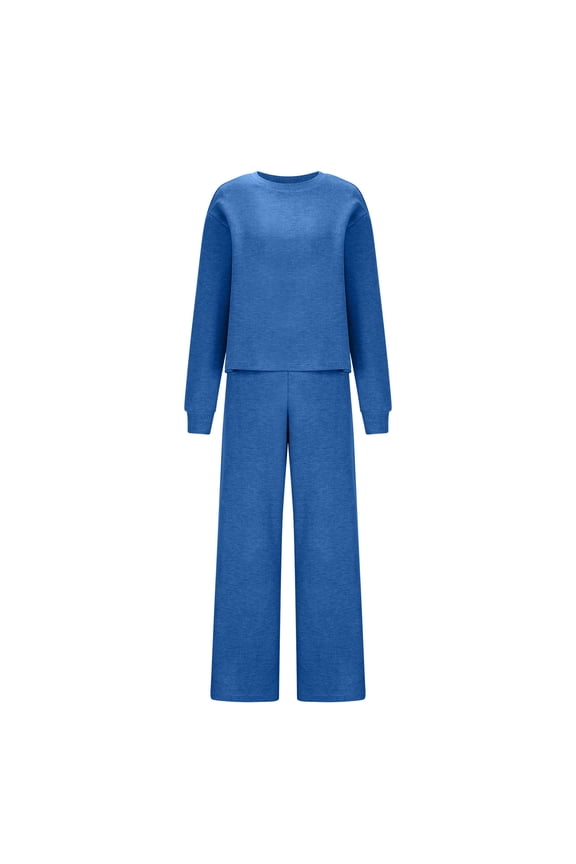 Women's 2 Piece Lounge Sets Solid Long Sleeve Crewneck Tops and Pants Oufits Casual Comfort Pajamas Homewear