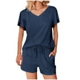thumbnail image 1 of HAiming Women's 2 Piece Set Casual Summer Solid Color Short Sleeve V Neck Tops and Shorts Lounge Outfits with Pocket, 1 of 9