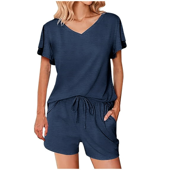 HAiming Women's 2 Piece Set Casual Summer Solid Color Short Sleeve V Neck Tops and Shorts Lounge Outfits with Pocket