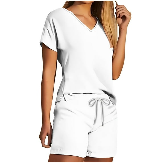 HAiming Women's 2 Piece Set Casual Summer Solid Color Short Sleeve V Neck Tops and Shorts Lounge Outfits with Pocket