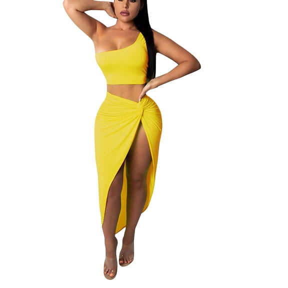 HAiming Women's 2 Piece Skirt Sets One Shoulder Summer Beach Asymmetrical High Slit Tie Knot Cute Dress Outfit