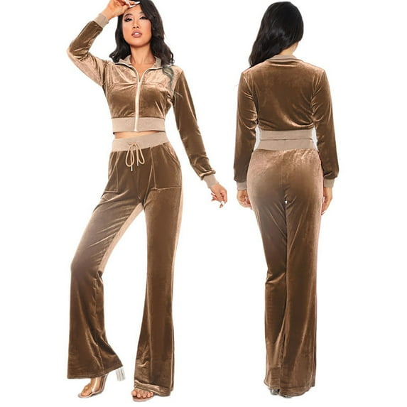 HAiming Women's 2 Piece Velour Tracksuit Set Long Sleeve Zipper Hoodie Cropped Jacket and Sweatpants Casual Outfits