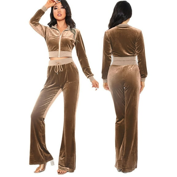 HAiming Women's 2 Piece Velour Tracksuit Set Long Sleeve Zipper Hoodie Cropped Jacket and Sweatpants Casual Outfits