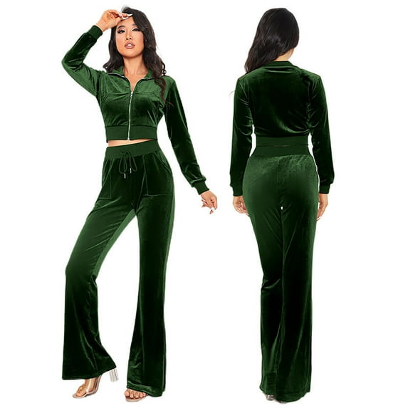 HAiming Women's 2 Piece Velour Tracksuit Set Long Sleeve Zipper Hoodie Cropped Jacket and Sweatpants Casual Outfits