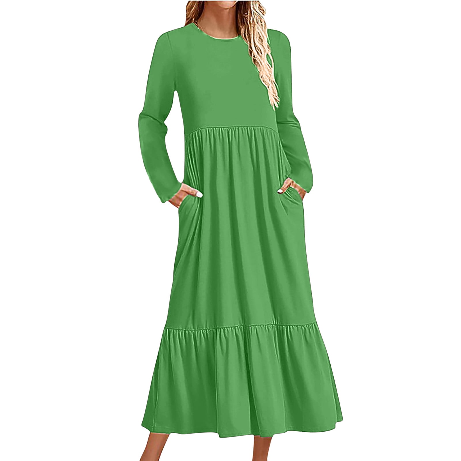 HAiming Women's 2025 Fall Long Sleeve Dress Solid Color