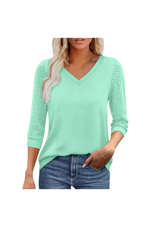 Women's 3/4 Sleeve Shirts V Neck Loose Tunic Tops Summer Dressy Casual Solid Color Trendy Basic Blouses