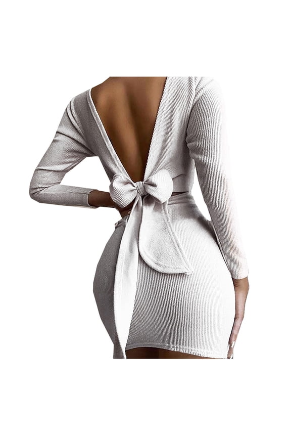Women's Bodycon Dress Back Hollow out Bow Wrap Mini Dresses Solid Color Casual Long Sleeve Evening Party Dress