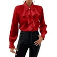 thumbnail image 1 of HAiming Women's Bowknot Front Tie Ruffled Shirts Solid Long Sleeve Crewneck Tops Casual Work Office Business Blouse, 1 of 7