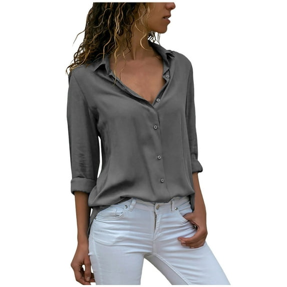 HAiming Women's Button down Shirts Solid Long Sleeve Chiffon Lapel V Neck Tops Summer Plus Size Casual Business Blouse