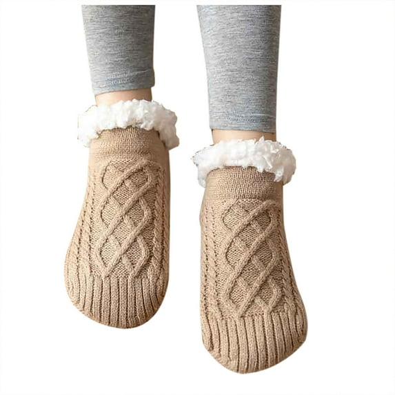 HAiming Women's Cable Knitted Socks Winter Thicken Fleece Lined Warm Slipper Socks Casual Cozy Indoor Non-slip Socks