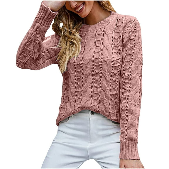 HAiming Women's Cable Knitted Sweater Casual Long Sleeve Crewneck Fall Winter Trendy Pullover Jumper Tunic Tops