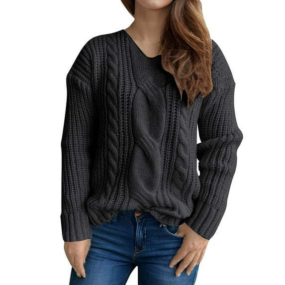 HAiming Women's Cable Knitted Sweaters Long Sleeve V Neck Soft Pullover Tops Fall Winter Trendy Casual Loose Jumper