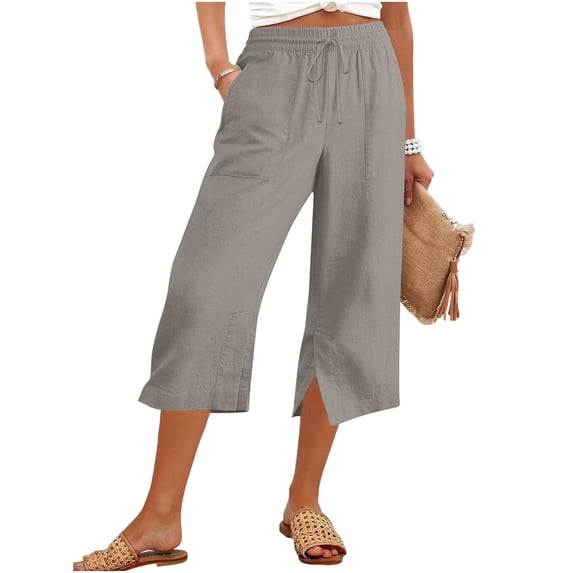 HAiming Women's Capri Pants Summer Casual Split Pants Drawstring Elastic Waist Solid Color Loose Pants with Pockets