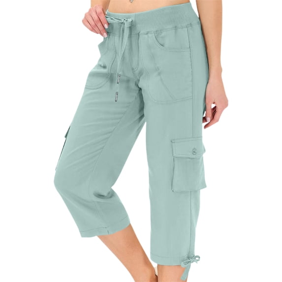 HAiming Women's Cargo Capris Pants Summer Vacation Leisure Pants Drawstring Solid Color High Elastic Waist Pants with Pockets