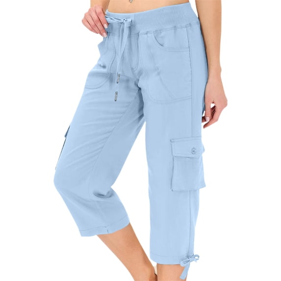 HAiming Women's Cargo Capris Pants Summer Vacation Leisure Pants Drawstring Solid Color High Elastic Waist Pants with Pockets