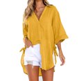 thumbnail image 1 of HAiming Women's Casual 3/4 Sleeve Shirts Trendy V Neck Button down Tops Oversized Tie Side Summer Loose Blouse, 1 of 7