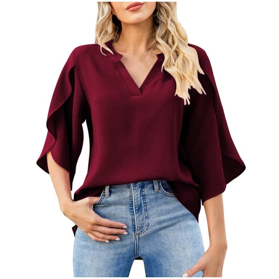 HAiming Women's Casual Chiffon Blouse Tops Solid Color 3/4 Ruffled Sleeve V Neck Tee Shirts Trendy Loose Blouses