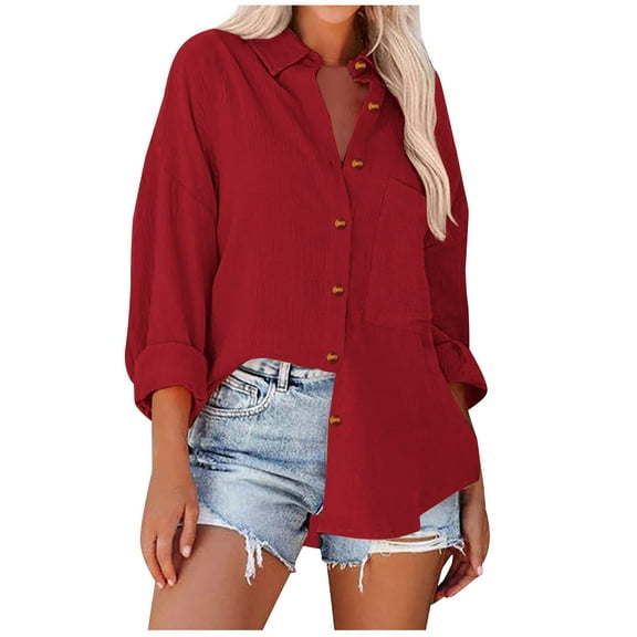 HAiming Women's Casual Long Sleeve Shirt Solid Color Lapel Collar Button down Cardigan Tops Plus Size Loose Blouse