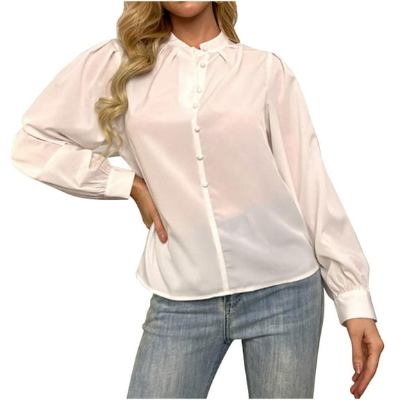 HAiming Women's Casual Summer Long Sleeve Shirts Solid Color Button down Crewneck Tops Chiffon Loose Tunic Blouse