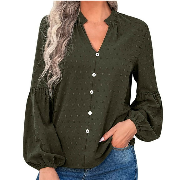 HAiming Women's Casual V Neck Tops Button down Shirts Solid Color Long Sleeve Tunic Tops Summer Loose Pullover Blouse