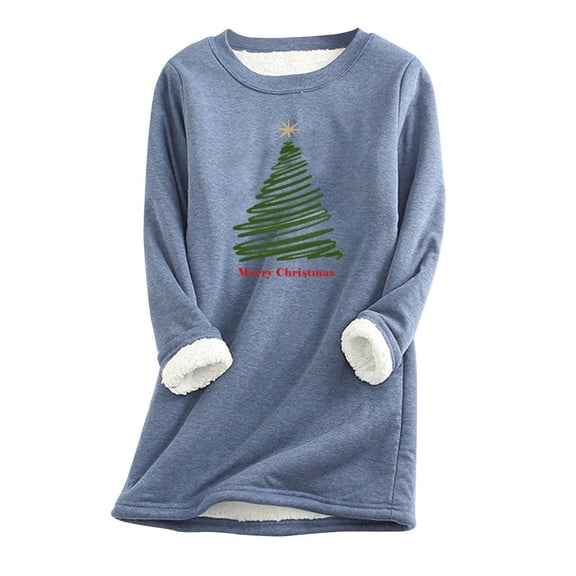 HAiming Women's Christmas Printed Shirt Casual Long Sleeved Crewneck Thickened Tops Winter Plush Warm Plus Size Blouse