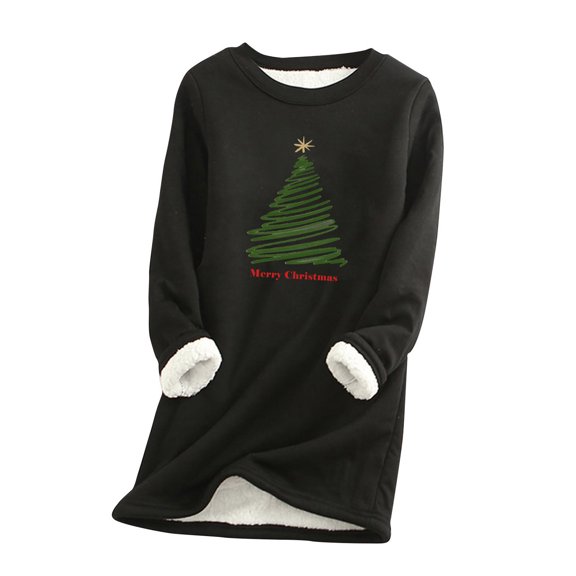 HAiming Women's Christmas Printed Shirt Casual Long Sleeved Crewneck Thickened Tops Winter Plush Warm Plus Size Blouse