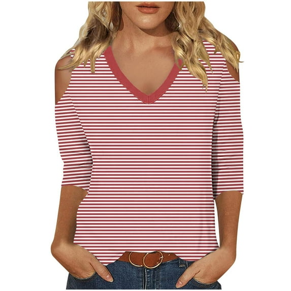 HAiming Women's Cold Shoulder Tops Trendy 3/4 Sleeve V-Neck Printed Shirts 2025 Fall Casual Loose Striped Blouses