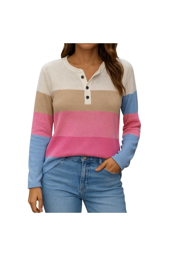 Women's Color Block Tops Button Round Neck Long Sleeve Casual Comfy Pullover Blouse Trendy Shirt