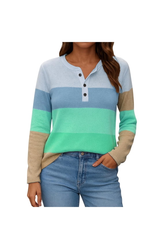 Women's Color Block Tops Button Round Neck Long Sleeve Casual Comfy Pullover Blouse Trendy Shirt