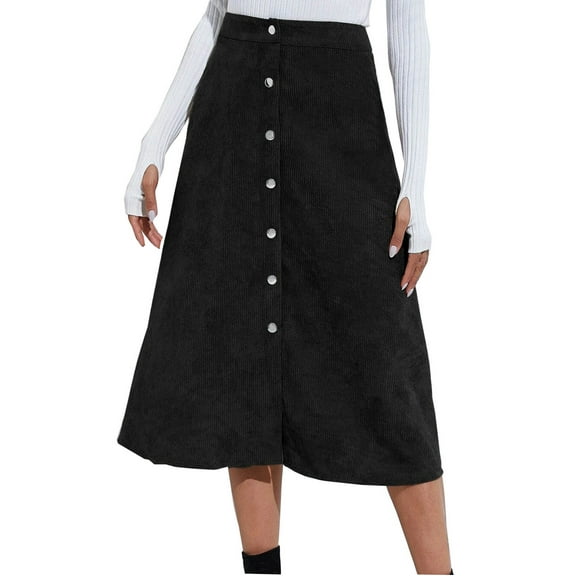 HAiming Women's Corduroy Midi Long Skirt Casual Button Front High Waist A-Line Mid Length Skirts Trendy Spring