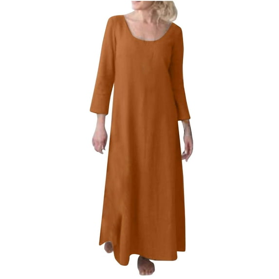 HAiming Women's Cotton Linen 3/4 Sleeve Maxi Dress 2024 Casual Solid Color Round Neck Plus Size Loose Long Dresses