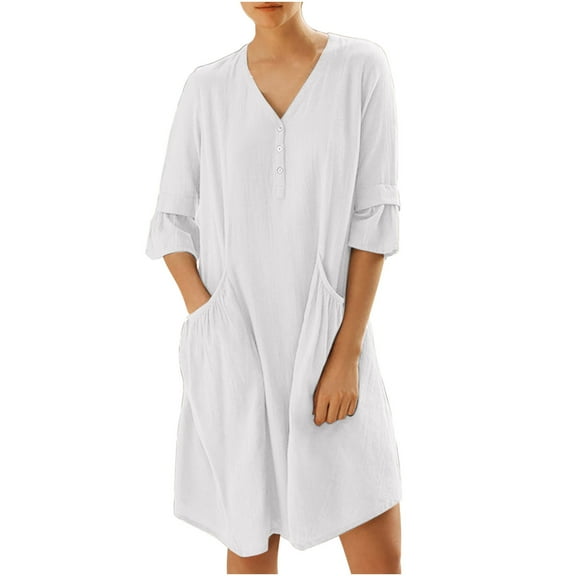 HAiming Women's Cotton Linen Midi Dress Summer Trendy Button V Neck Short Sleeve Causal Loose Dresses with Pocket