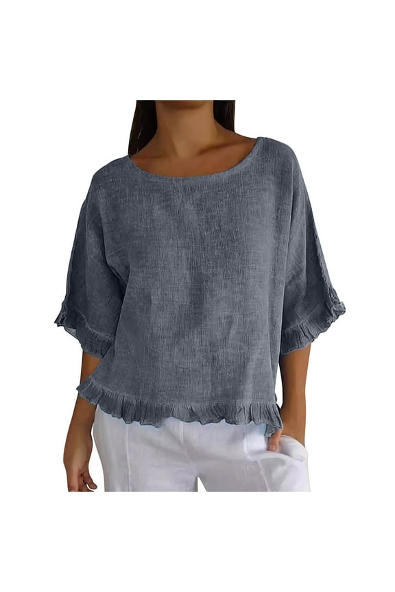 Women's Cotton Linen Shirts Ruffle Pleated Hem Tops Loose Casual Short Sleeve Round Neck Basic Tees Blouse